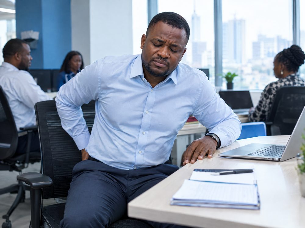 A man sitting uncomfortably at his office desk