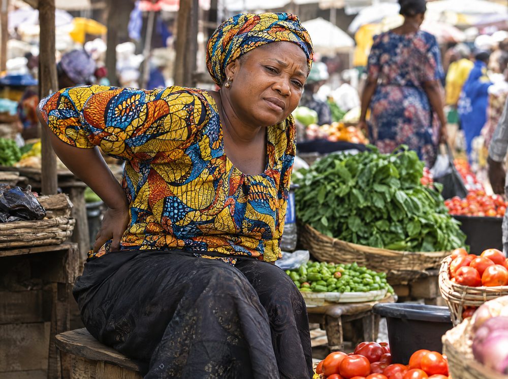 A market trader hiding her discomfort